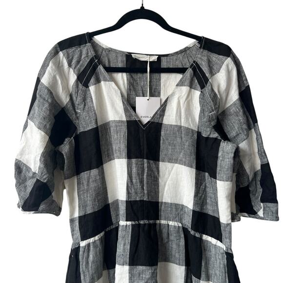 Everlane Linen Oversized Puff Sleeve Check Pattern Midi Dress Size S - Picture 4 of 13
